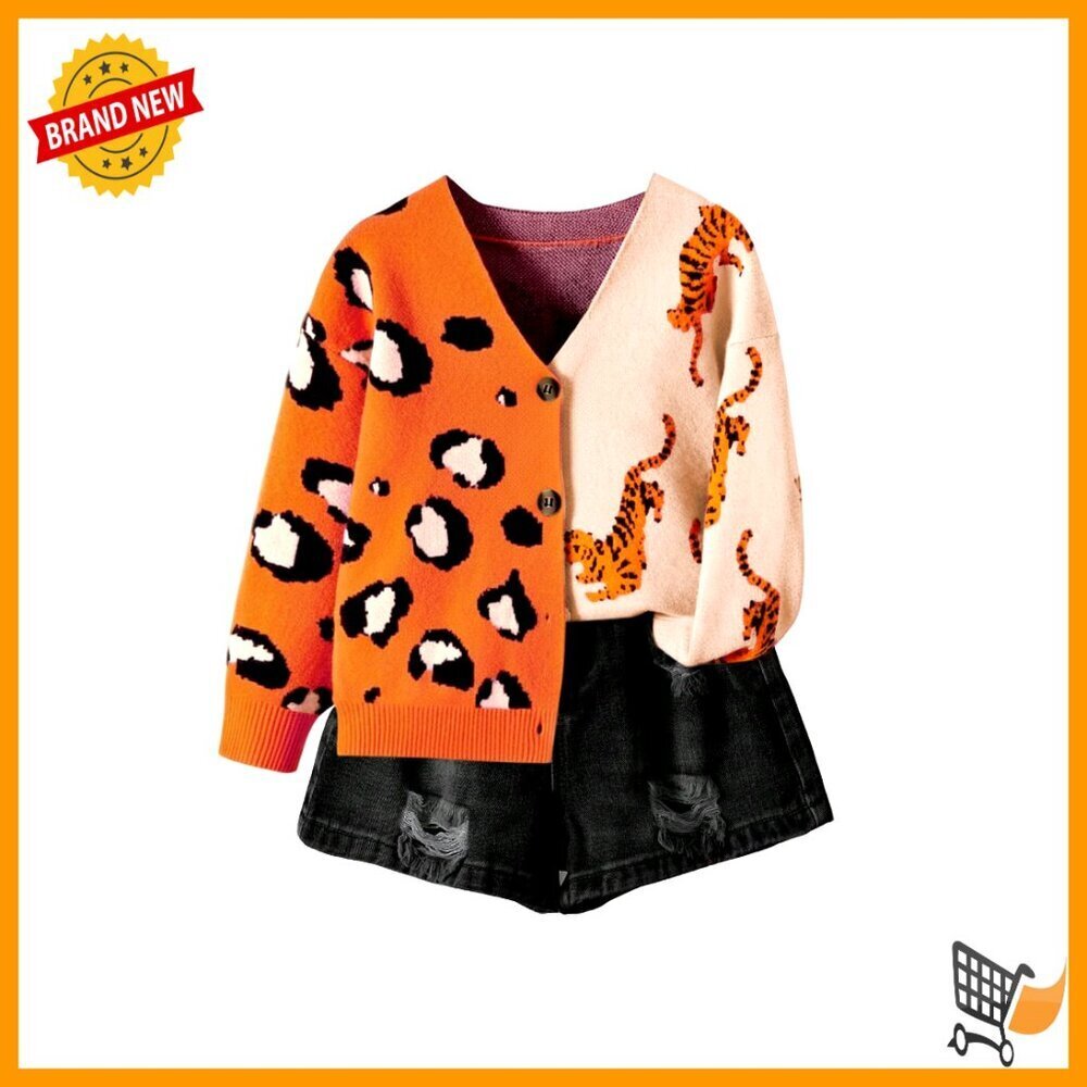 Girl's Leopard Print V-Neck Cardigan Knit Button Up Long Sleeve Outerwear